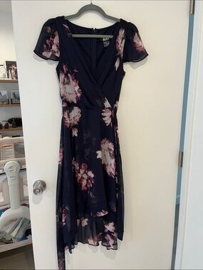 DKNY Navy Floral High-Low Wrap Dress with Pink Blooms